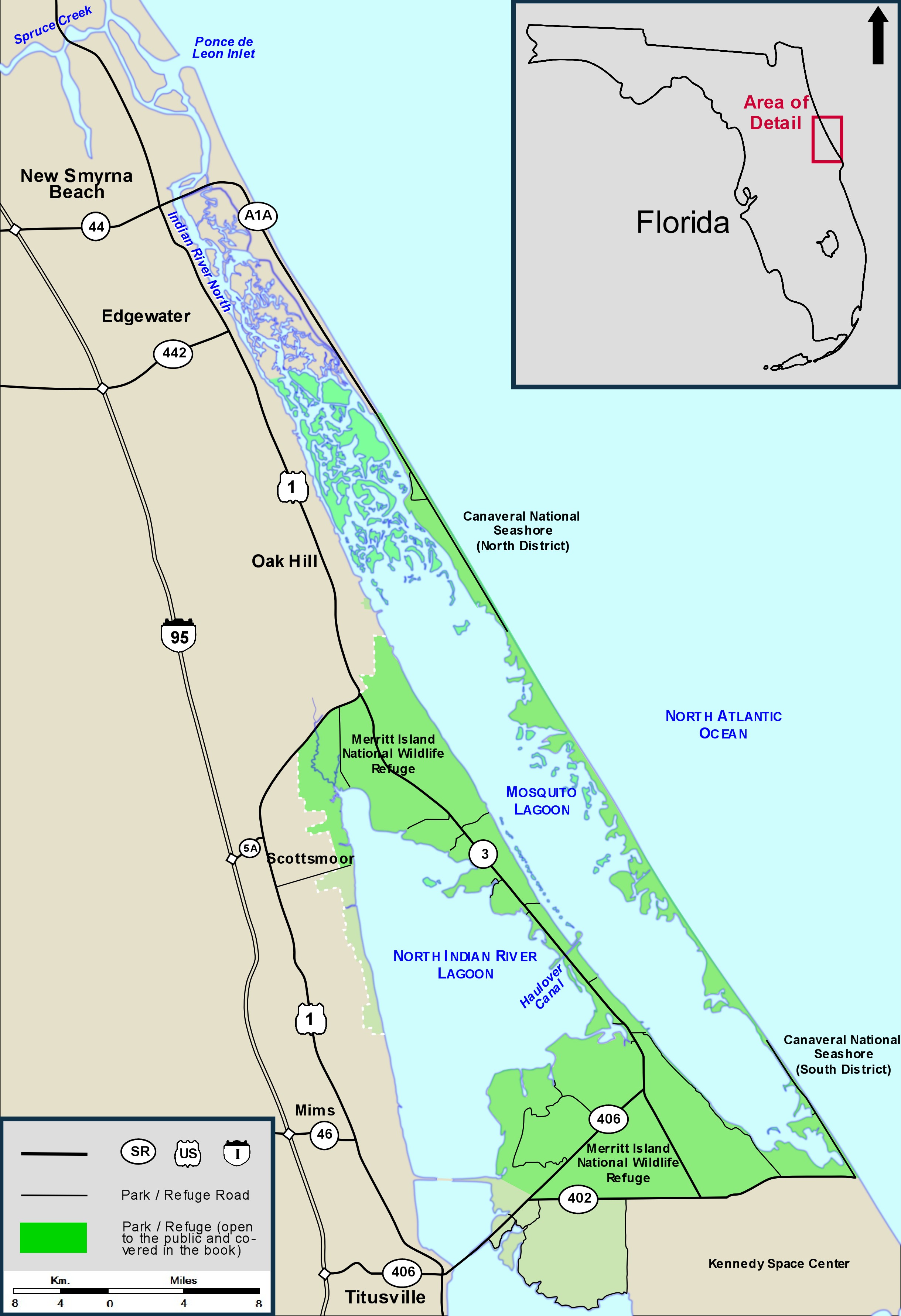 Map of Mosquito Lagoon and North Indian River Lagoon in East Central Florida