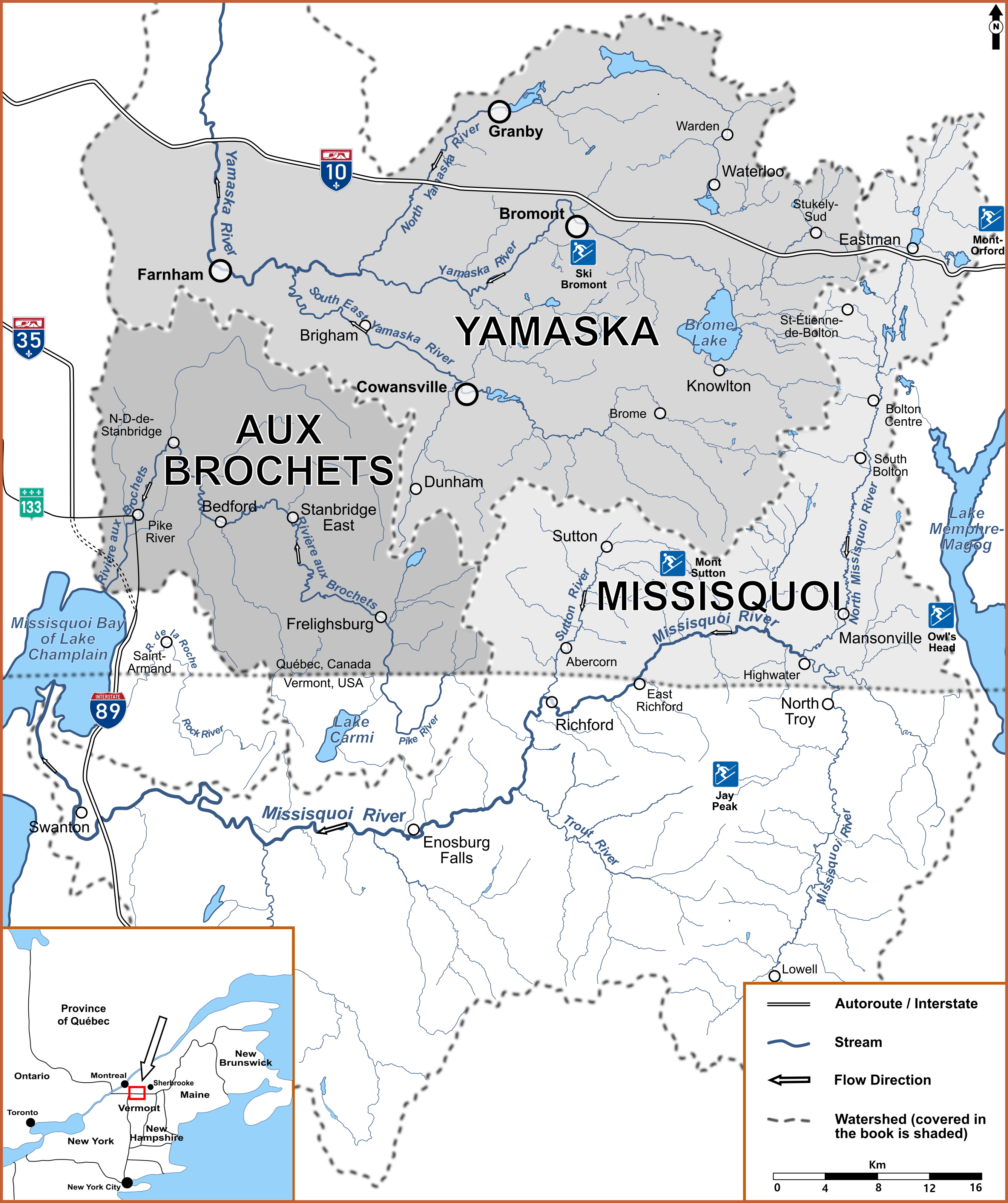 Part of the Eastern Townships showing the three watersheds covered in the book and the part of the Missisquoi River watershed situated in Vermont